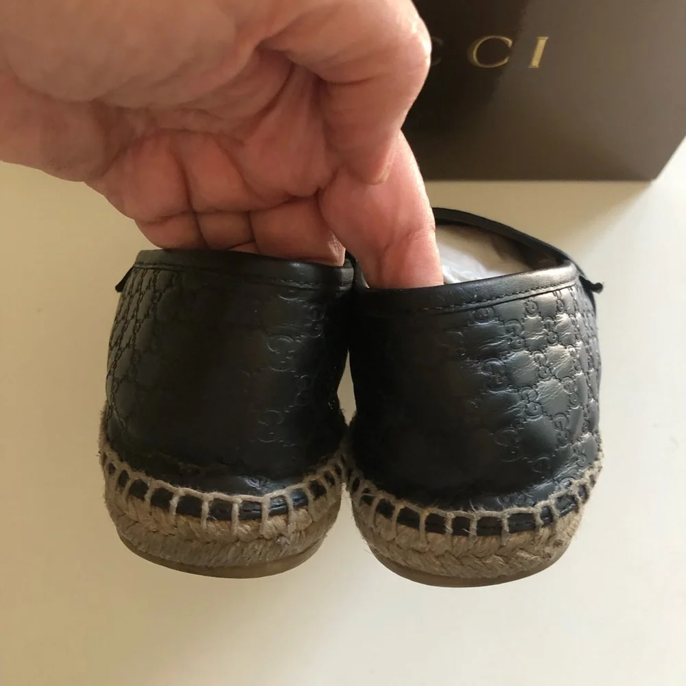 Gucci Black Leather Espadrilles Shoes Women's Guccissima GG Micro Size 37 US 7